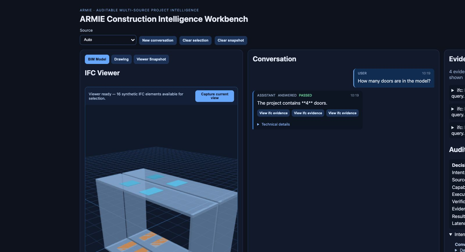 Construction Intelligence deterministic BIM query with evidence and verification