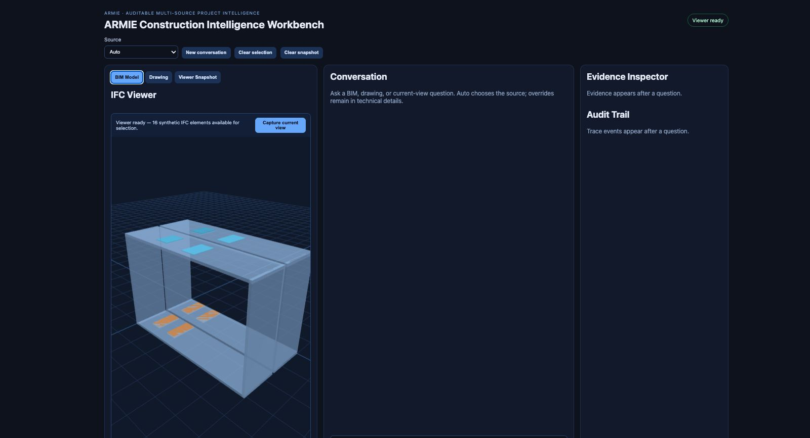 Construction Intelligence Workbench overview with BIM viewer, conversation and evidence inspector